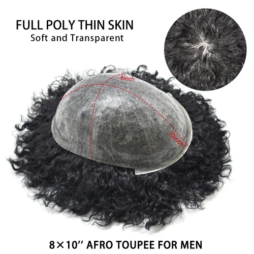 Vista 3 de Full PU tejido rizado para hombre Toupee Afro Toupee para hombres negros Sistema de cabello humano brasileño para hombres negros Piel duradera PU