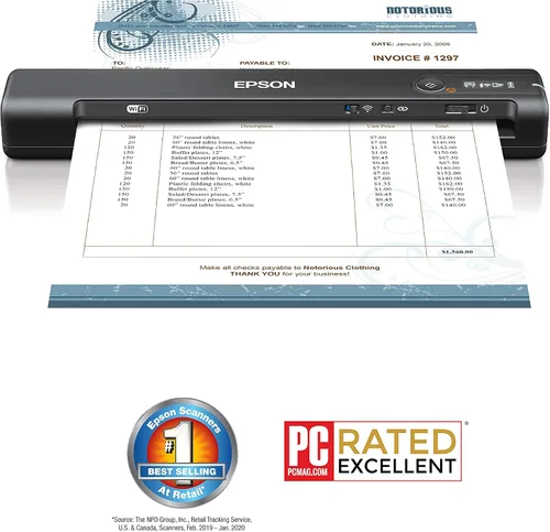 Vista 2 de Epson Workforce ES-65WR Escáner de documentos inalámbrico portátil alimentado con hojas con funciones de contabilidad premium para PC y Mac