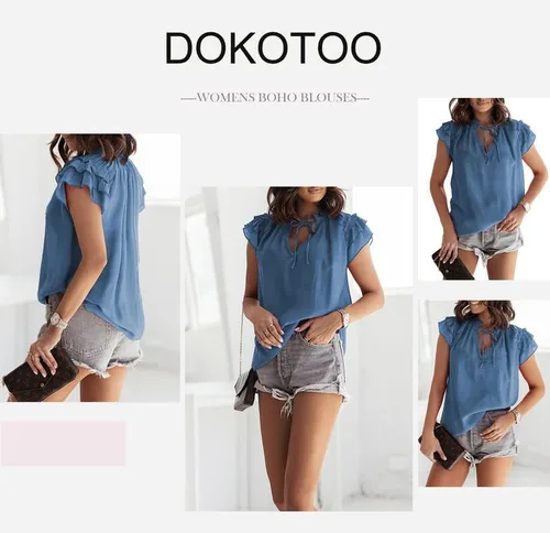 Vista 4 de Dokotto - Blusas informales con cuello en V para mujer, diseño de manga corta, con cordón ajustable