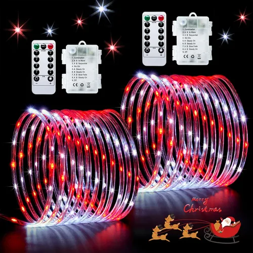 Vista 21 de JMEXSUSS Paquete de 2 luces de Navidad a pilas de luces blancas cálidas, impermeables al aire libre, 200 LED de 66 pies, 8 modos, funciona