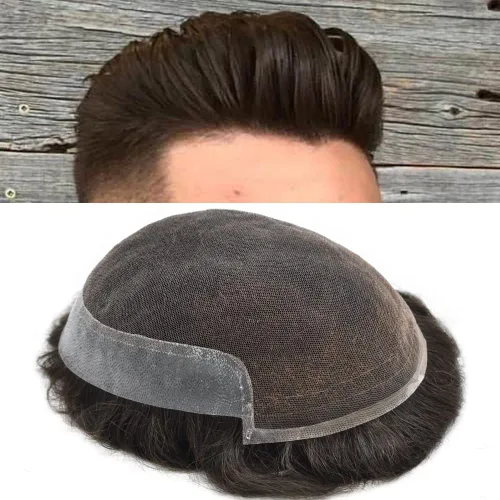 Vista 18 de Hombres Toupee Sistema de Cabello Humano Real para Hombres Encaje Suizo Toupee Para Hombres Nudos Blanqueados Hombres Hairpieces Pieza Para Hombres