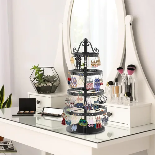 Vista 7 de MODOWEY Organizador de aretes giratorio de metal de 4 niveles, 112 agujeros, organizador de árbol de aretes ajustable para mujeres y niñas