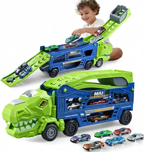 Vista 9 de Juguetes de Camión de Dinosaurios para Niños de 3-5 - Camión Transportador con 6 Autos de Juguete Fundidos a Presión, Camión 3 en 1 con 2 Pistas