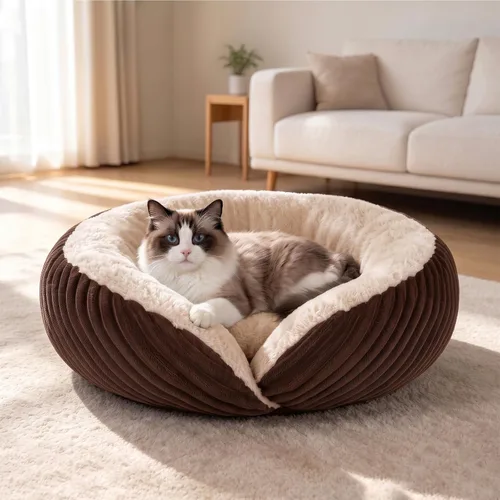 Vista 13 de Tovve Cama para gatos en interiores, sofá cama redonda lavable para gatitos Crema