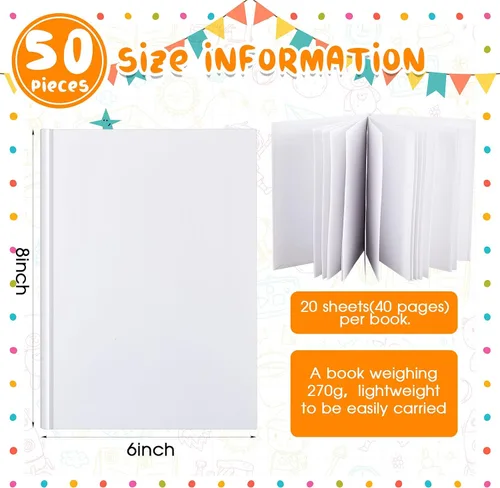 Vista 2 de Henoyso 50 libros blancos de tapa dura en blanco para que los niños escriban historias, 40 páginas de 6 x 8 pulgadas, cuaderno de bocetos en blanco