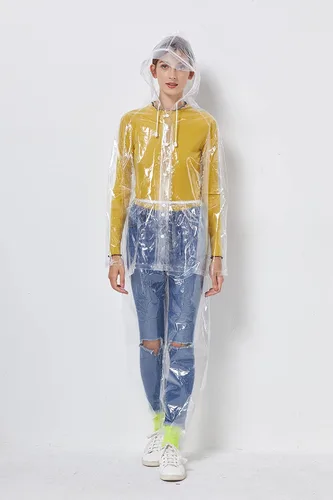 Vista 4 de Freesmily Chubasquero reutilizable transparente para mujeres y hombres, impermeable, traje de lluvia, conjunto de pantalones con capucha
