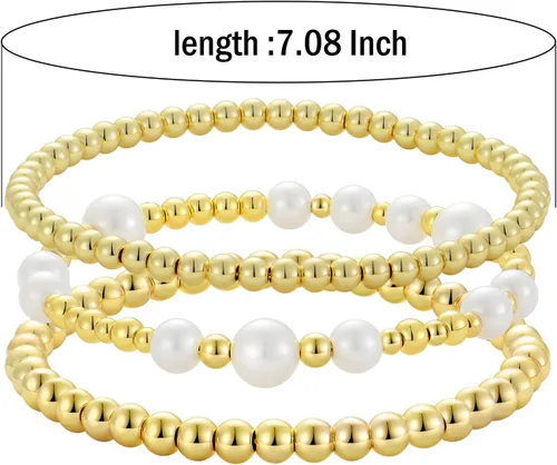 Vista 2 de Pulsera de cuentas de oro para mujer, apilable, chapada en perlas, juego de pulseras elásticas para mujer, a la moda