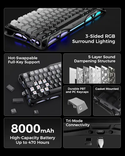 Vista 7 de GravaStar Mercury K1 Teclado mecánico inalámbrico 75% para juegos, aleación de aluminio, teclado compacto personalizado con conector de intercambio