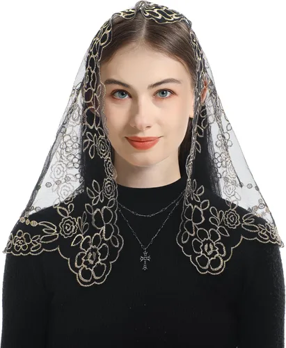 Vista 3 de Bozidol Velo de iglesia triangular tradicional - Estilo español con bordado del Santo Grial de Encaje Mantilla velo para mujer