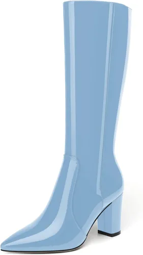 Vista 92 de AMBELIGHT Botas altas hasta la rodilla con cremallera y puntera puntiaguda para mujer, de patente sólida, tacón alto, 3.3 pulgadas