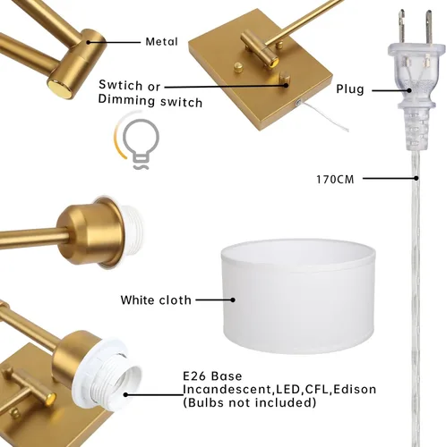 Vista 5 de Aplique de pared con cable enchufable de tela vintage, lámpara de pared con brazo oscilante para interiores con interruptor de encendido/apagado