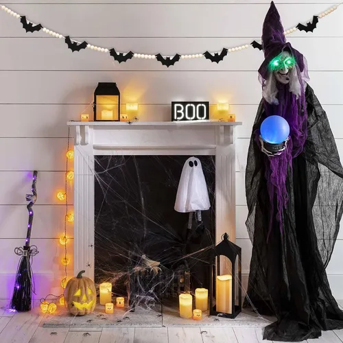 Vista 6 de DAZONGE Decoraciones de Halloween para interiores y exteriores, guirnalda de cuentas de murciélagos de fieltro de madera para decoración