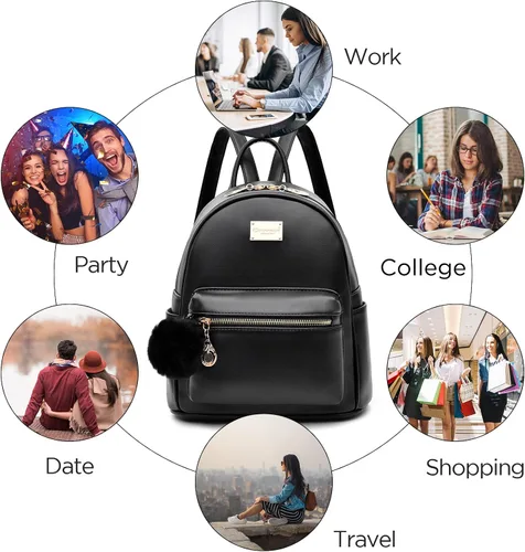 Vista 6 de I IHAYNER Mochila de cuero para mujer, de moda, con pompón, mochila casual de viaje