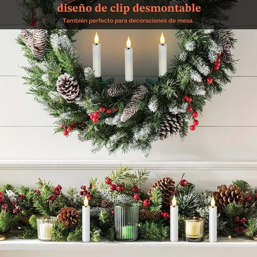 Vista 9 de IMAGE Juego de 12 velas LED cónicas sin llama, velas de marfil con mecha 3D con diseño de árbol de Navidad con clip, control remoto de 10 teclas