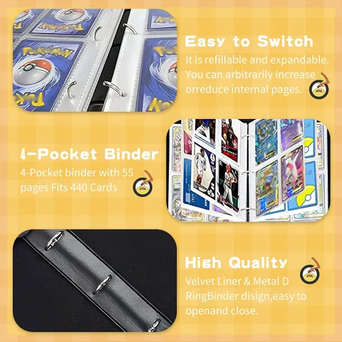Vista 3 de Maitsol Card Binder for Pokemon Cards 4-Pocket, Trading Card Binder for TCG Cards, 440 Pockets Trading Card Games Album Holder, Pockets Card Holder