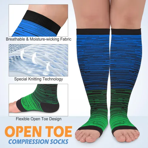 Vista 3 de Paquete de 3 calcetines de compresión de cobre para mujeres y hombres, 20-30 mmHg con punta abierta hasta la rodilla, medias altas para soporte