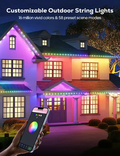 Vista 10 de Luces de Navidad Inteligentes, C9 RGB de 66 pies, 100 luces LED de fresa conectables, control remoto de aplicación, sincronización de música, luz