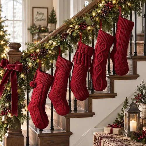 Vista 4 de Medias de Navidad de 18 pulgadas, 5 medias de punto trenzado color burdeos surtido con lazo de cinta de terciopelo, hilo rústico de granja de Borgoña
