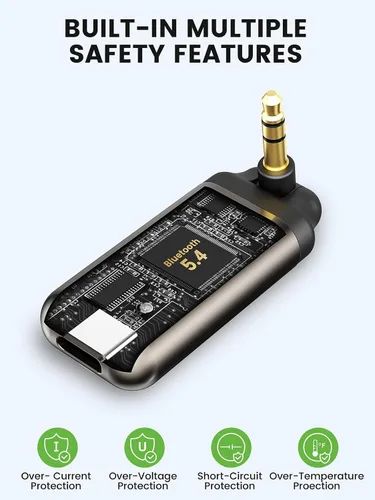 Vista 8 de HVMLAK Air88 Bluetooth 5.4 Adaptador Aux, conector de 3.5mm giratorio 180°, para estéreo de coche y hogar, llamadas manos libres, batería de 12