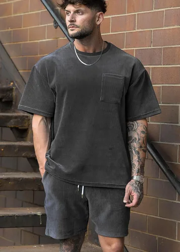 Vista 2 de MECH-ENG Pantalones cortos casuales para hombre, pantalones cortos de pana para entrenamiento al aire libre, con cordón y bolsillos