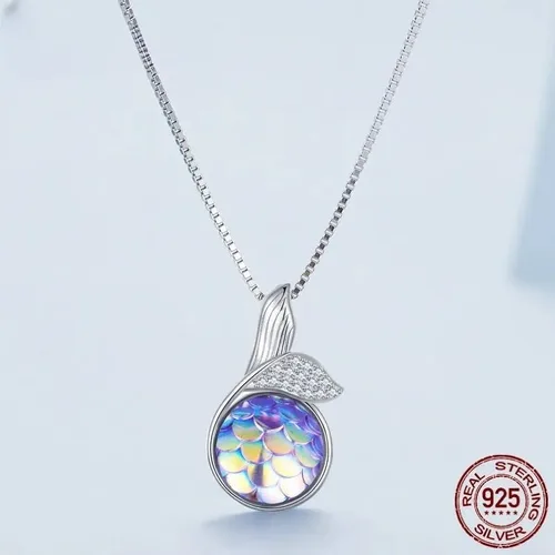 Vista 6 de 925 Sterling Silver Colorful Mermaid Fishtail Pendant Necklace And Opening Ring Jewelry Set for Women Birthday Jewelry, Blue Zirconia Mermaid Fish