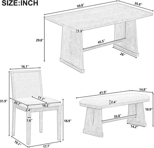 Vista 183 de Juego de mesa de comedor vintage de 6 piezas, juego de mesa de comedor de cocina de madera maciza con 4 sillas ergonómicas acolchadas y banco, mesa