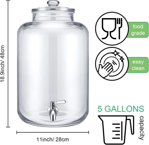 Vista 2 de Newtay Dispensador de agua de vidrio de 5 galones con tapa de vidrio y grifo de acero inoxidable, dispensador de bebidas hermético, a prueba