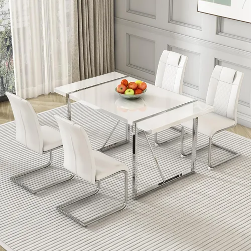 Vista 9 de Juego de mesa de comedor para 4, juego de mesa de cocina rectangular de MDF blanco con sillas de comedor de cuero, juego de 4, juego de mesa