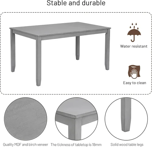 Vista 5 de Elegante juego de mesa de comedor de madera de 6 piezas con 4 sillas de respaldo de listones y un banco, juego de mesa de comedor de cocina para 6