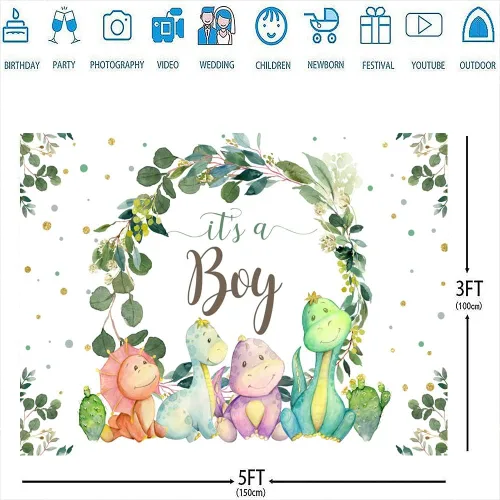 Vista 3 de Decoraciones de dinosaurio para baby shower para niño, telón de fondo de dibujos animados, cactus y hojas de eucalipto, fondo de fotografía