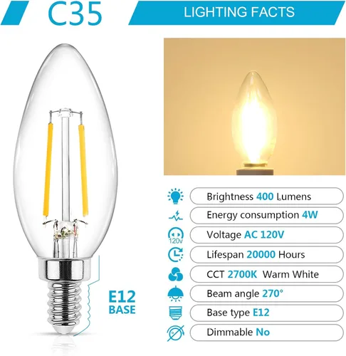 Vista 2 de Ascher - E12 - Paquete de 5 bombillos LED clásicos de candelabro de 4 vatios, equivalentes a 40 vatios, luz blanca y cálida de 2700 K, no Blanco