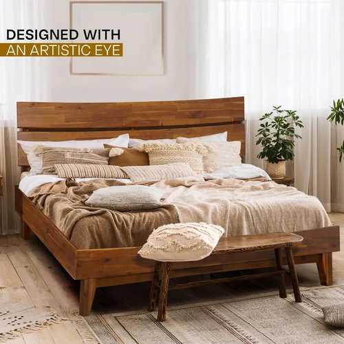 Vista 3 de Acacia Aurora - Marco de cama con cabecero, cama de plataforma de madera 100% maciza, estilo de cama escandinavo con todos los colchones Caramelo