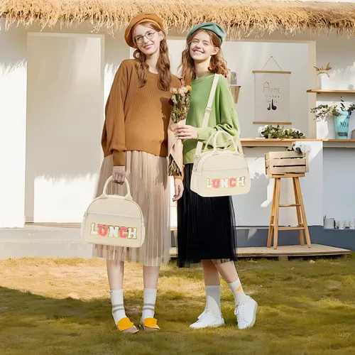 Vista 2 de Lonchera para niñas y mujeres, bonita bolsa de almuerzo preparada con letras de chenilla, bolsa de almuerzo aislada de gran capacidad con correa