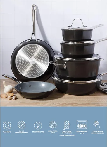 Vista 4 de Sur La Table Kitchen Essentials Cool Commune - Juego de ollas y sartenes de aluminio forjado anodizado duro de 10 piezas, libre de PFA