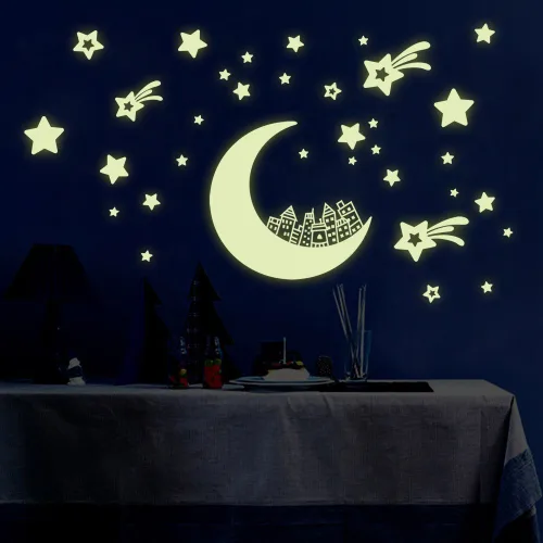 Vista 7 de Adhesivo luminoso para pared de habitación de niños, estrellas y luna que brillan en la oscuridad, adhesivo 3D, autoadhesivo, extraíble