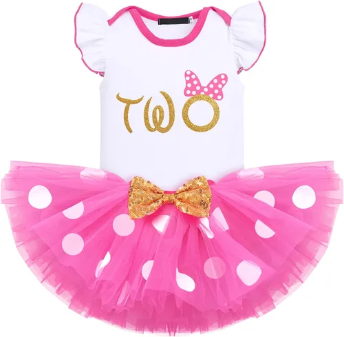 Vista 8 de IMEKIS Conjunto de mameluco para bebé niña de primer y tercer cumpleaños + falda tutú de lunares + diadema para niños pequeños sesión de fotos