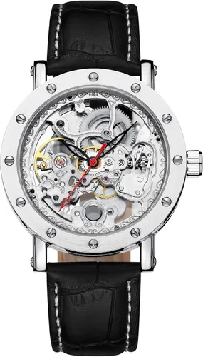 Vista 7 de IK COLOURING Reloj de pulsera mecánico de acero inoxidable con diseño steampunk, de cuerda automática con números romanos, Mecánico, cuerda