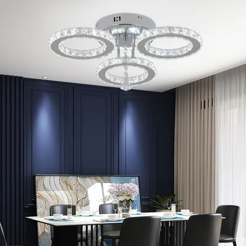 Vista 9 de Deckrico Moderno candelabro de cristal de montaje empotrado, lámpara de techo colgante de acero inoxidable de 3 anillos redondos para sala de estar