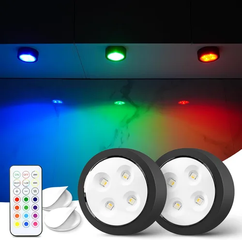 Vista 10 de Luces de empuje con control remoto, 6 piezas de luces LED de disco de hockey alimentadas por batería, iluminación inalámbrica debajo del gabinete