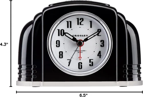 Vista 6 de Reloj despertador analógico vintage art deco Crosley, tictac tradicional, luz inteligente regulable automática, controles simples, (negro)