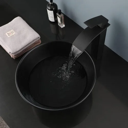 Vista 5 de Fregadero de baño de cerámica negra de 13 pulgadas con grifo mezclador, cuenco redondo para fregadero de baño con grifo de cascada y drenaje
