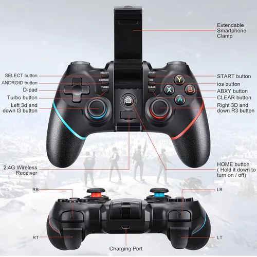 Vista 6 de Vbepos Mobile Gaming Controller Upgrade Bluetooth 24G Wireless Controller Game Joystick for iPhone Android PC Windows Smart TV PS3 PS4
