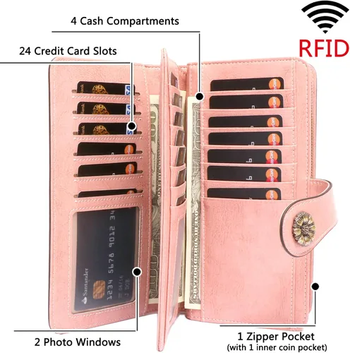 Vista 3 de Pearl Angeli Cartera para mujer cartera de cuero ceroso tarjetero para tarjetas de crédito Rfid