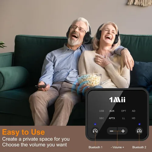 Vista 3 de 1Mii Transmisor Bluetooth 5.3 para TV a 2 auriculares inalámbricos, adaptador Bluetooth de largo alcance de 100 pies para TV aptX Adaptive y control