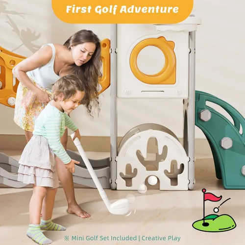 Vista 3 de Conjunto de juegos de parque infantil para niños pequeños con arco de escalada, juego de golf, tobogán y aro de baloncesto - Juguetes