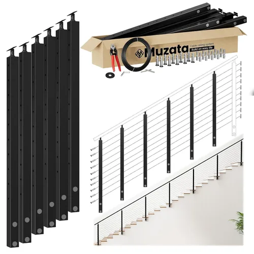 Vista 13 de Muzata Kit de barandilla de cable modular negro de 4 a 8 pies, kit de poste de 2 niveles de 36 pulgadas, sistema completo de barandilla de cable