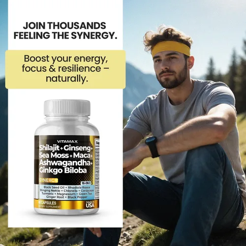 Vista 4 de Vitamax Suplemento puro de shilajit del Himalaya, Ashwagandha, musgo marino, Rhodiola Rosea, Gingko Biloba, cápsulas de ácido fúlvico y minerales
