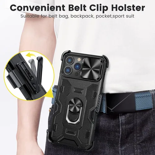 Vista 4 de Caka Funda para iPhone 13 Pro Max, iPhone 12 Pro Max con soporte y clip para cinturón, funda para cámara con soporte de anillo giratorio de 360°