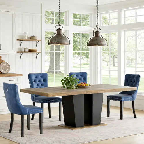 Vista 60 de Mesa de comedor extensible de 78.74 pulgadas para 6 8 y 10 pulgadas, moderna mesa de comedor extensible de granja con base de doble pedestal, mesa