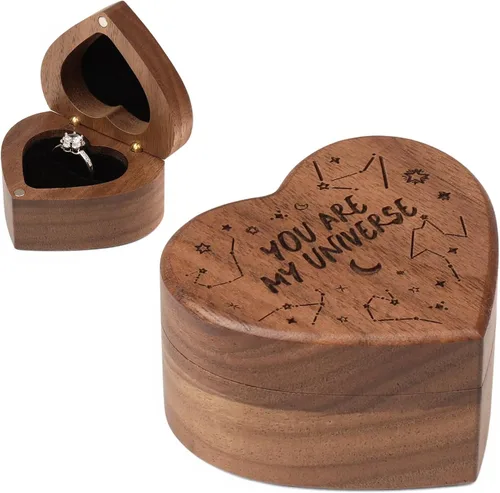 Vista 13 de Caja de Anillo de Propuesta de Compromiso Delgada de Madera en Forma de Corazón Caja Portador Soporte de Anillos para Ceremonia de Boda, Día de Una